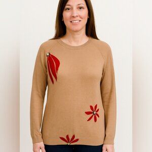 EQUIPMENT FEMME Sweater Small Tan Crew Neck Floral Embroidered  Cashmere OOAK